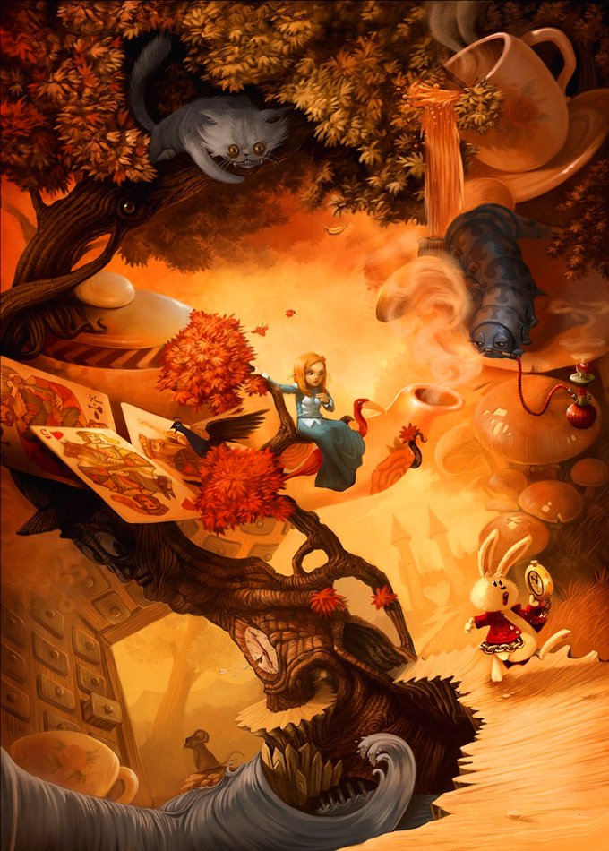 An artistic interpretation of a classic scene featuring a whimsical Alice among fantastical trees, mischievous characters, and vibrant autumn colors, evoking a dreamlike atmosphere.