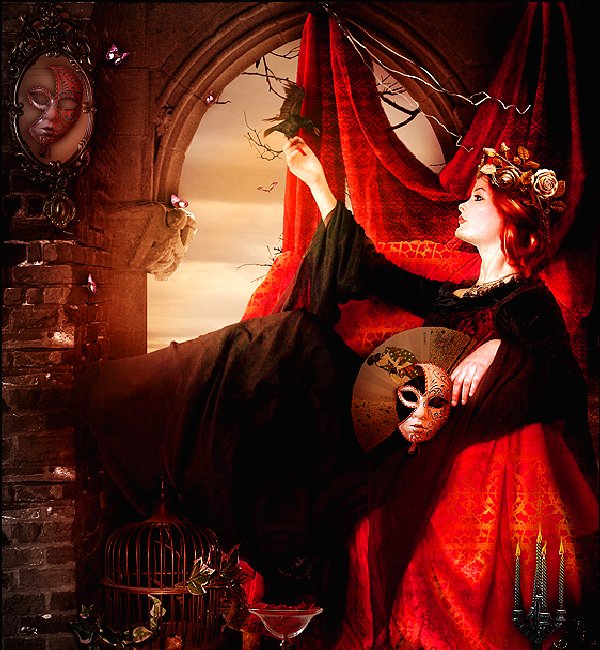 A fantasy scene features a woman in a flowing black and red dress, adorned with a floral crown, contemplating a mask while surrounded by rich textures and candlelight.