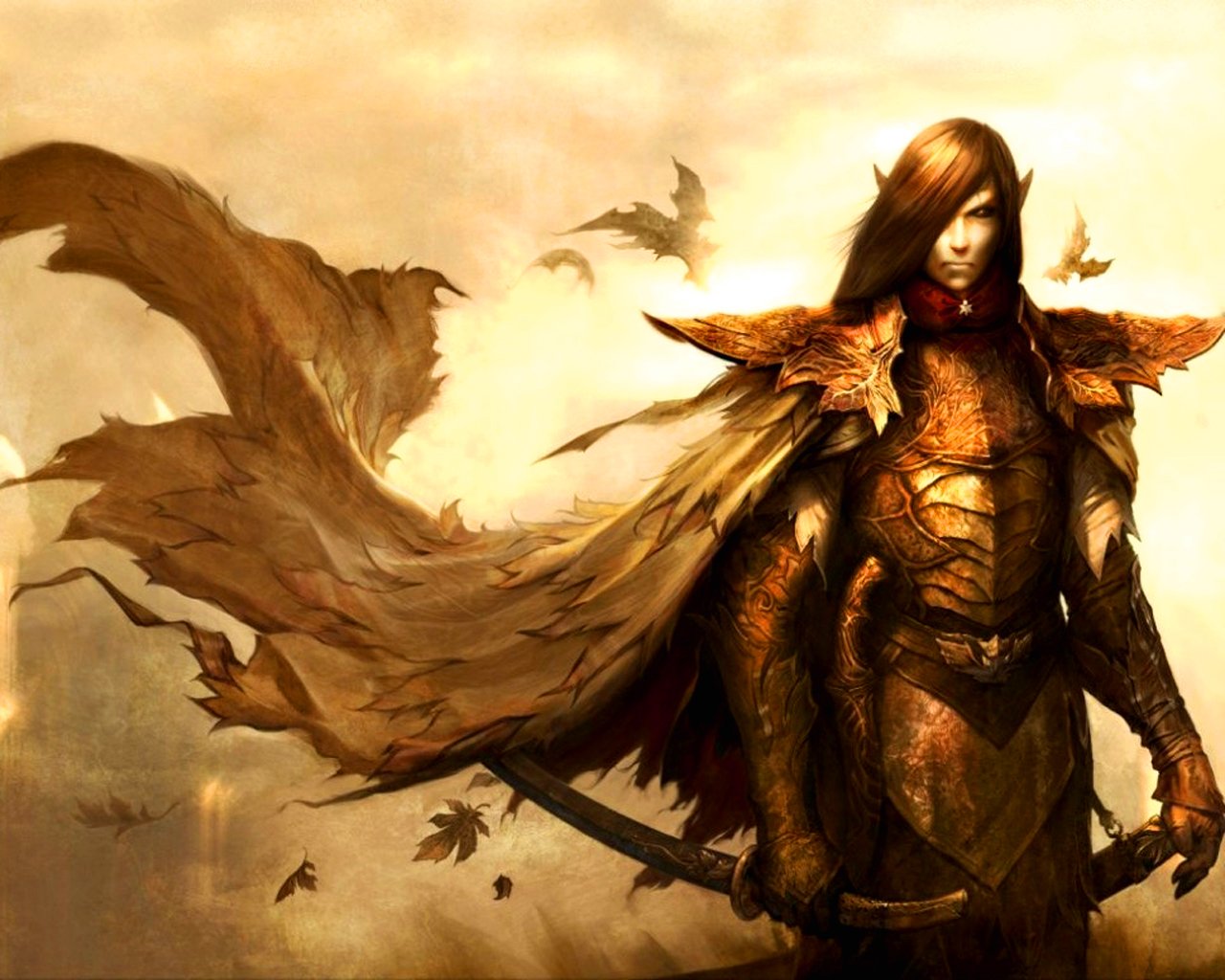 A fierce elf warrior stands confidently amidst swirling leaves, adorned in ornate armor with a flowing cape, embodying the spirit of fantasy in a mystical landscape.