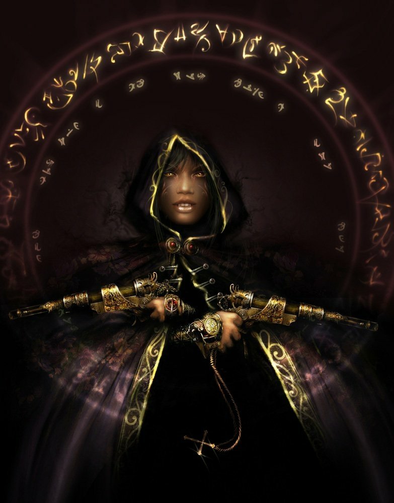 A fantasy woman cloaked in dark robes adorned with glowing golden symbols, holding ornate twin pistols beneath a mystical arc of ancient runes.