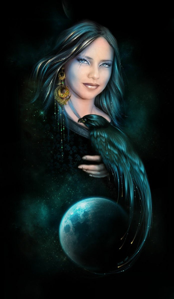 A fantasy-themed portrait of a woman with flowing blue hair, adorned with ornate earrings, holding a large black bird against a cosmic background featuring a glowing blue planet.