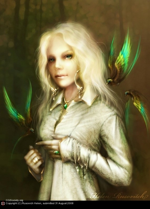 A blonde fantasy woman with long hair and glowing green jewelry, surrounded by vibrant green and blue birds in a mystical forest setting.