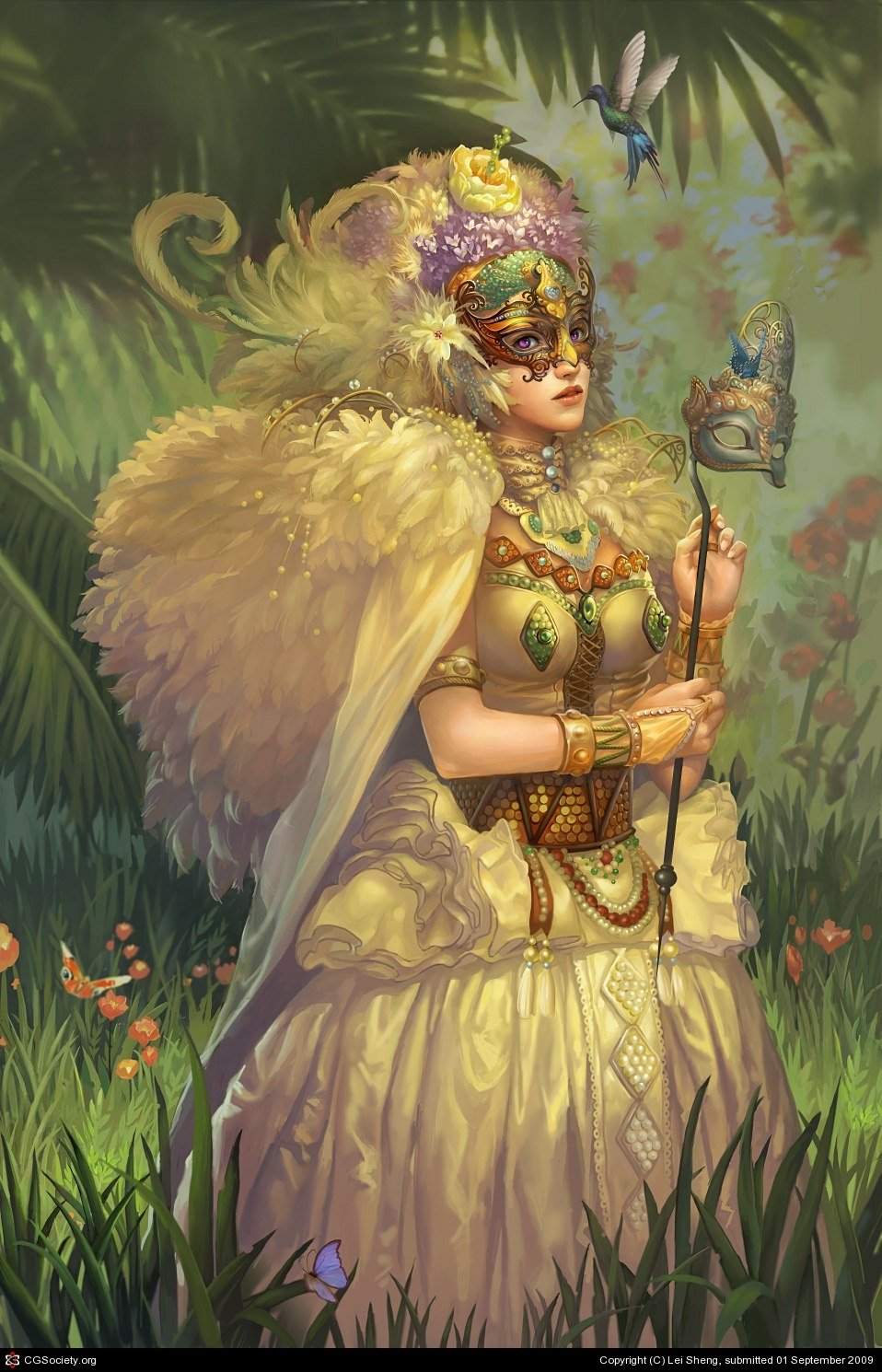 A fantasy woman dressed in an elaborate feathered costume and ornate mask stands in a lush garden, holding a decorative staff as a hummingbird hovers nearby.