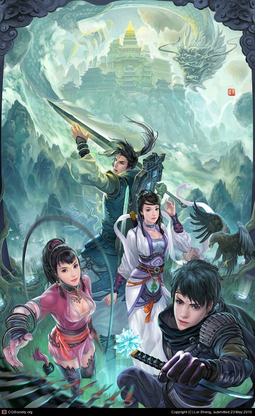 A fantasy oriental scene featuring four warriors in elaborate attire poised for battle, with a mystical dragon and an ancient temple shrouded in mist in the background.