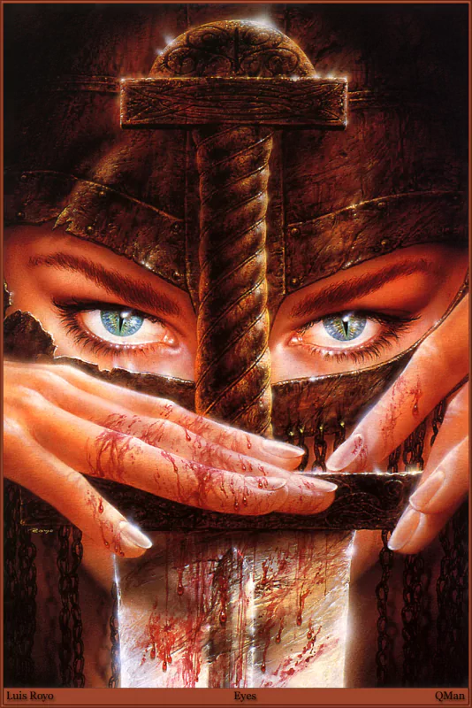 A fantasy-themed image of a woman with striking blue eyes peering over a bloodied sword, evoking the fierce spirit of Udyr from League of Legends.