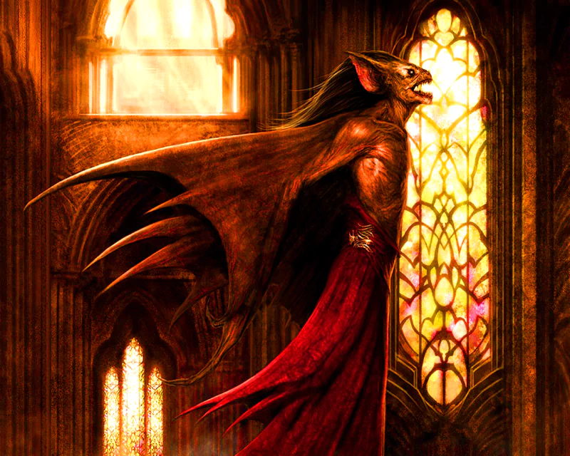 A dark vampire stands dramatically in a shadowy hall, bathed in the warm glow of stained glass windows, showcasing its menacing features and flowing crimson cloak.