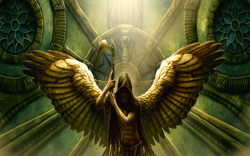 A dark fantasy scene featuring a hooded figure with majestic wings, holding a staff, set against an ancient, illuminated backdrop adorned with intricate designs.