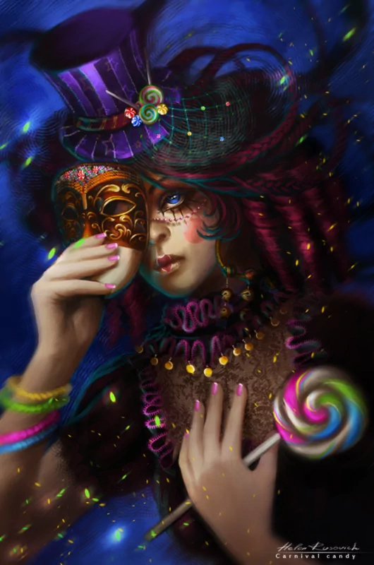 A fantasy-themed woman with vibrant makeup and colorful accessories holds a decorative mask and a large swirled lollipop against a dark, magical backdrop.