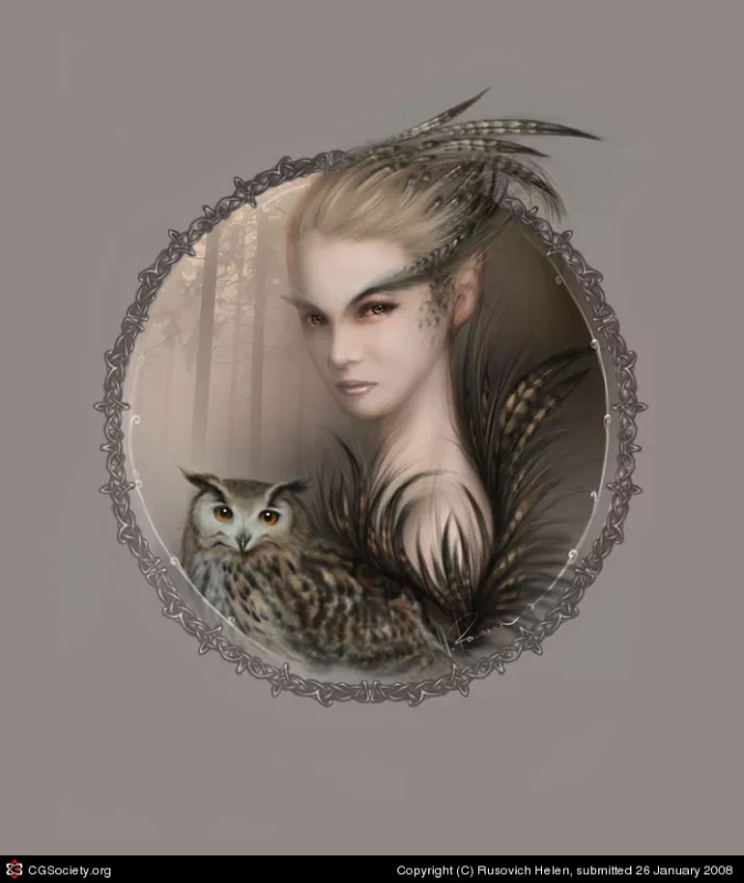 Fantasy-themed portrait of a woman with ethereal features, adorned with feathers, accompanied by a detailed owl, framed by an ornate circular border.