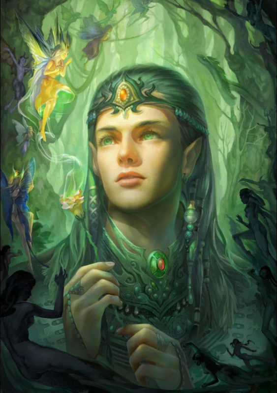 A fantasy elf with intricate armor and a jeweled headpiece gazes thoughtfully, surrounded by glowing fairies and shadowy figures in an enchanted forest.