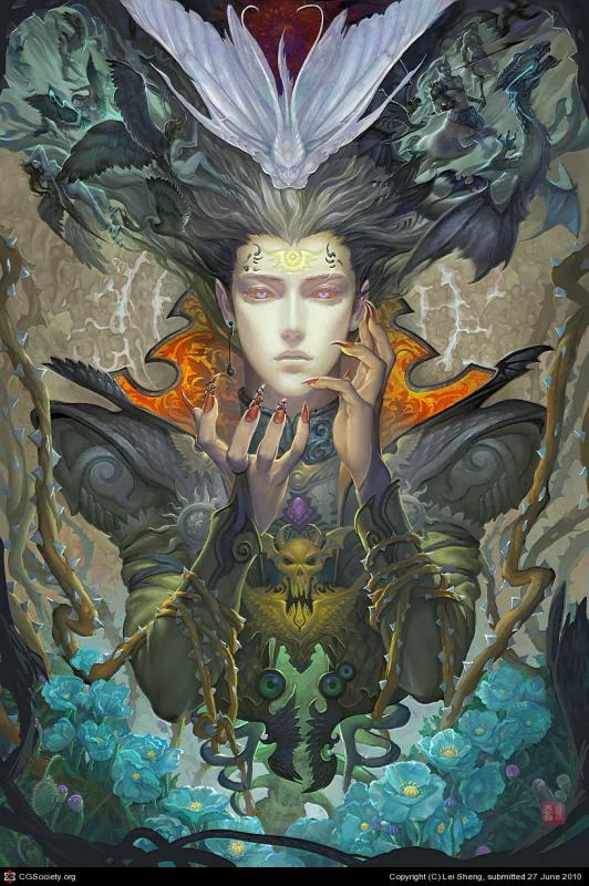 A dark fantasy portrait of a mystical figure with intricate armor, surrounded by ominous creatures and ethereal birds, emanating a powerful, otherworldly aura.