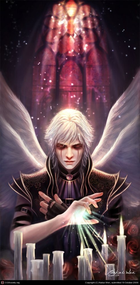 A fantasy angel with white wings and pale hair channels glowing magic above several lit candles in a dark, mystical setting with a stained glass window.