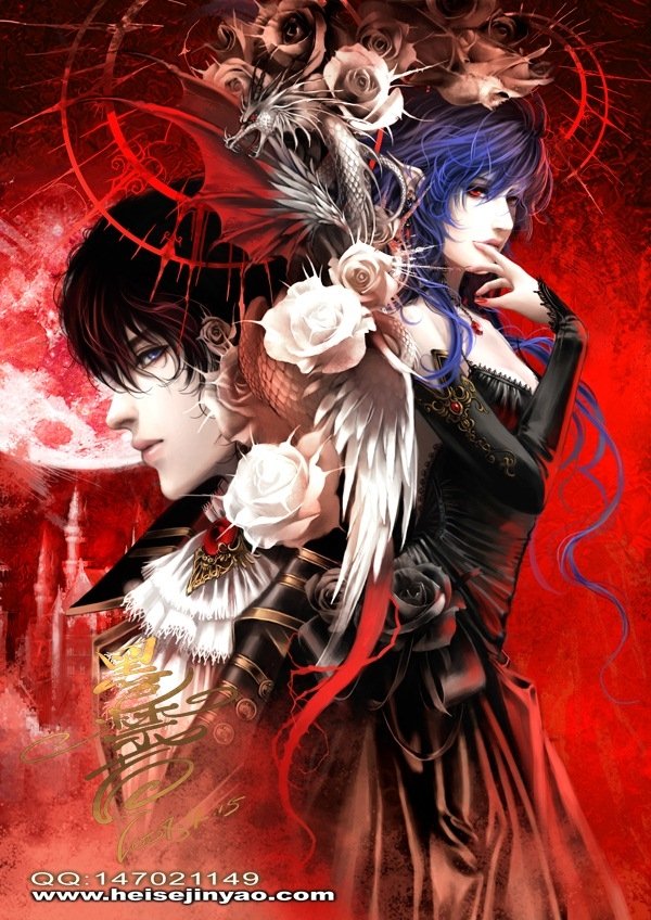 Dark, gothic anime illustration of two back-to-back figures: a pale black-haired man with red accents and a blue-haired woman in a black dress, white roses and wings against a blood-red sky.