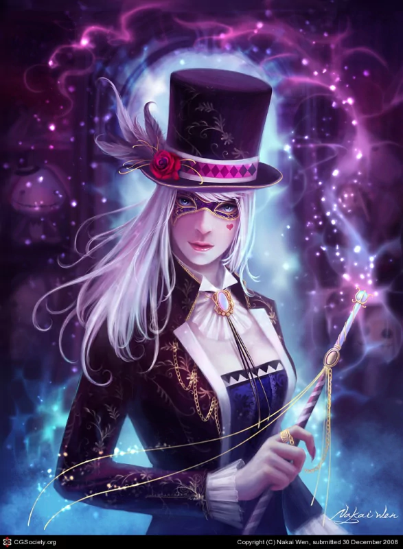 A fantasy witch with long white hair, a decorated top hat, and a magical wand surrounded by glowing mystical energy.