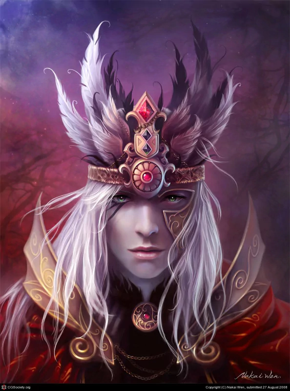 Fantasy portrait of a man with long white hair, intricate face markings, and an ornate feathered crown against a mystical, dusky background.