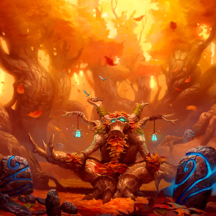 A mystical tree figure adorned with autumn leaves sits in a vibrant forest, surrounded by glowing lanterns and swirling leaves, embodying elemental magic in a fantasy realm.