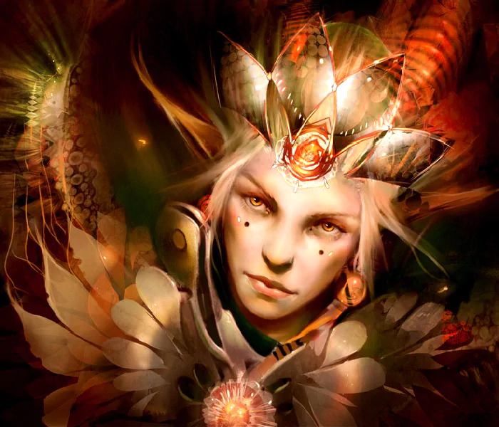 A captivating fairy with ethereal features and a floral crown, surrounded by vibrant colors and organic textures, embodying the essence of fantasy.