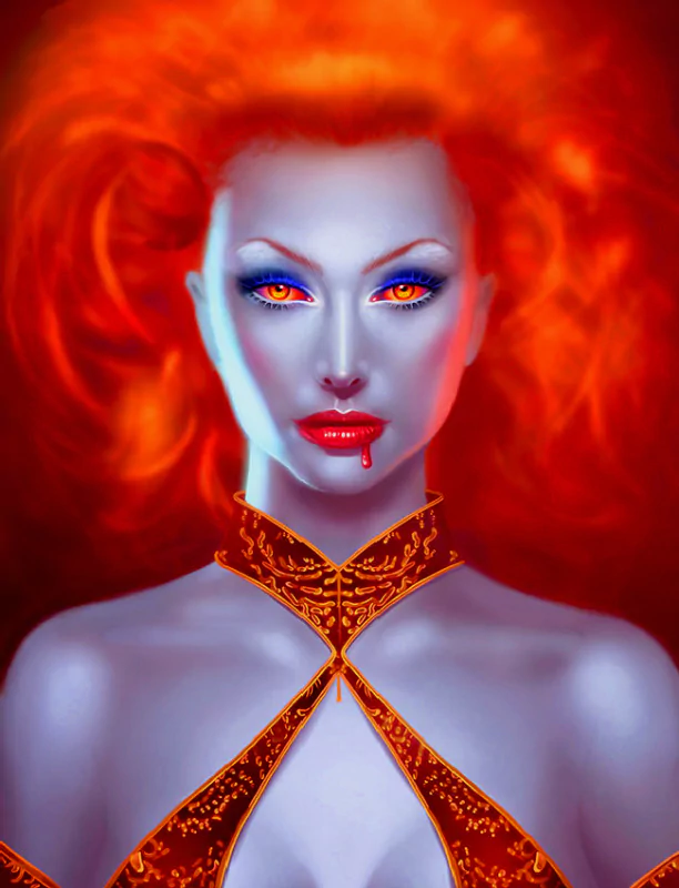 A striking fantasy vampire with vibrant orange hair and piercing yellow eyes, featuring a dramatic look accentuated by a blood drop on her lip and a bold outfit.