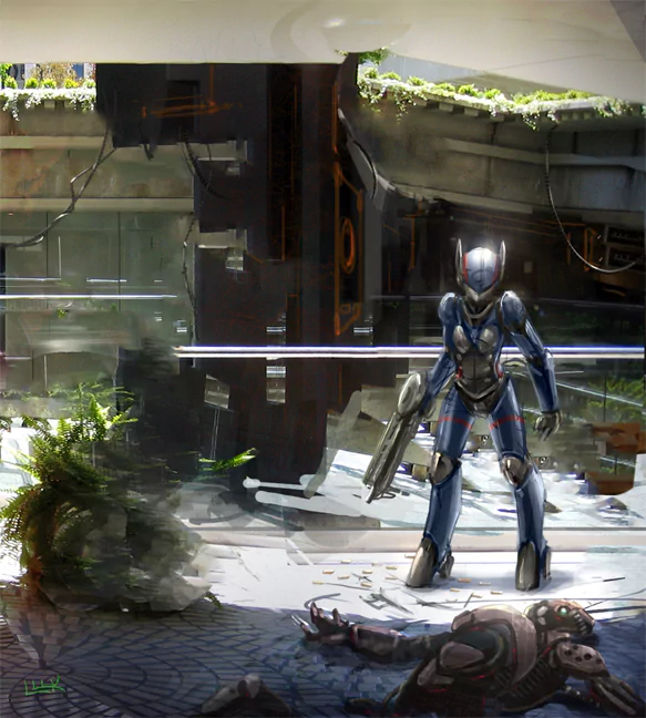 Sci Fi warrior robot futuristic ruined city Image