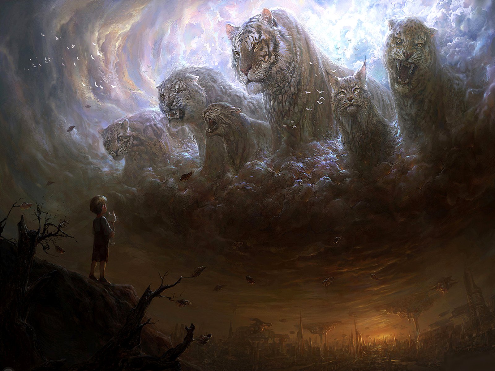 A child stands in awe as majestic tiger figures emerge from swirling clouds, blending fantasy and dream in a surreal landscape filled with vibrant colors and dramatic lighting.