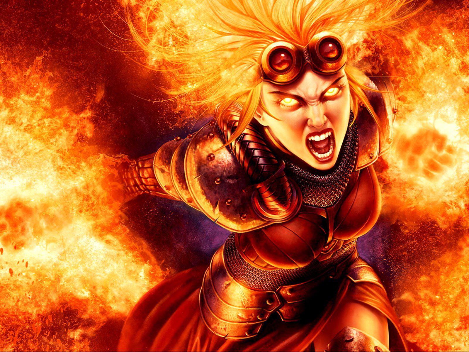 A fierce, armored woman with fiery hair and glowing eyes unleashes an explosion of fire, embodying the intense action and magic of Magic: The Gathering.