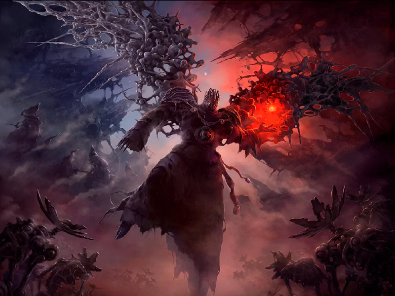 A dark fantasy scene featuring a shadowy figure wielding a glowing red orb, surrounded by ominous creatures and a haunting, chaotic landscape.