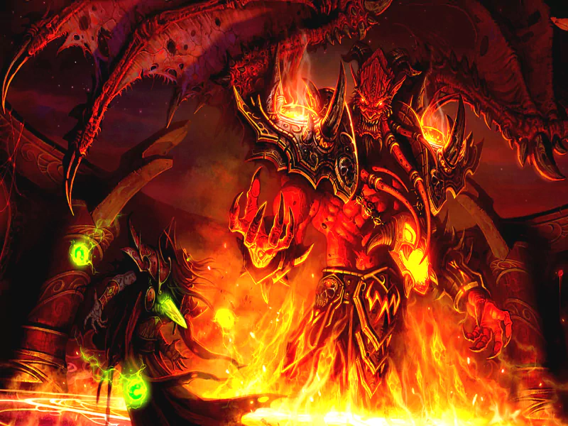A dramatic scene from the Warcraft video game, featuring a powerful fiery demon towering over a spellcaster, surrounded by flames and dark magic.