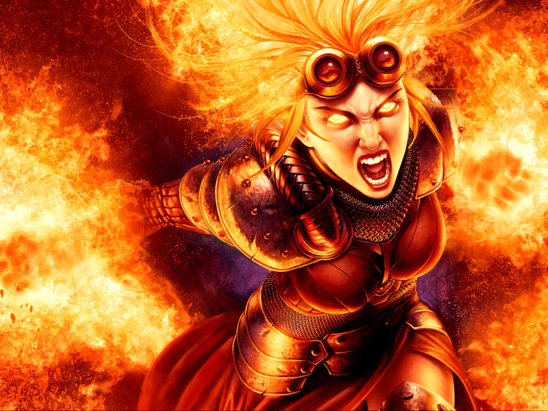 A fierce, armored woman with fiery hair and glowing eyes unleashes an explosion of fire, embodying the intense action and magic of Magic: The Gathering.