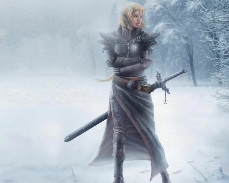 A fierce elf stands in a snowy landscape, clad in ornate armor and wielding a sword, embodying strength and determination amidst a fantasy setting.