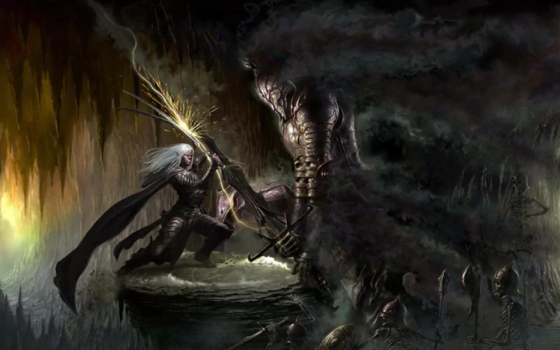 A dark gothic scene depicts a fantasy warrior battling a towering figure amidst shadowy smoke, illuminated by flashes of light, set in a mystical war-torn landscape at night.