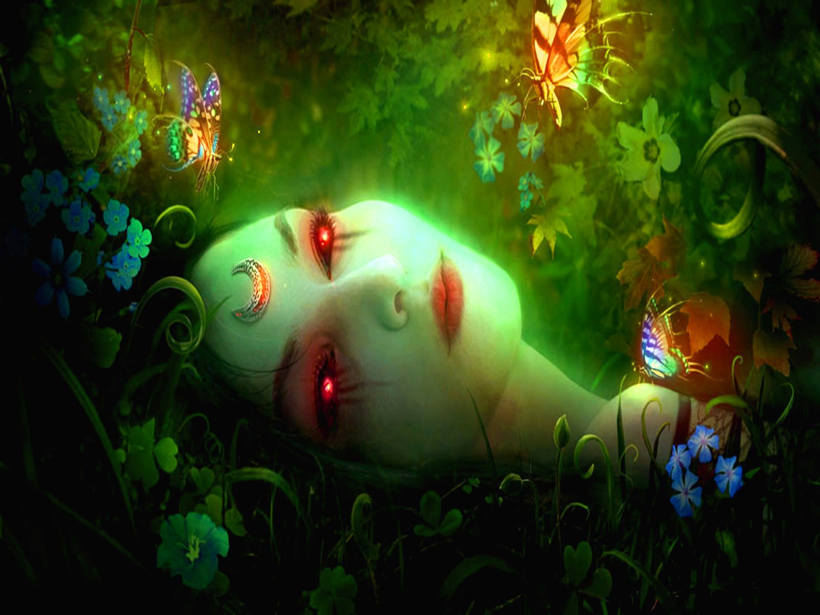 A serene fairy lies in a lush green setting, surrounded by vibrant flowers and glowing butterflies, her eyes glowing red and features softly illuminated by magical light.