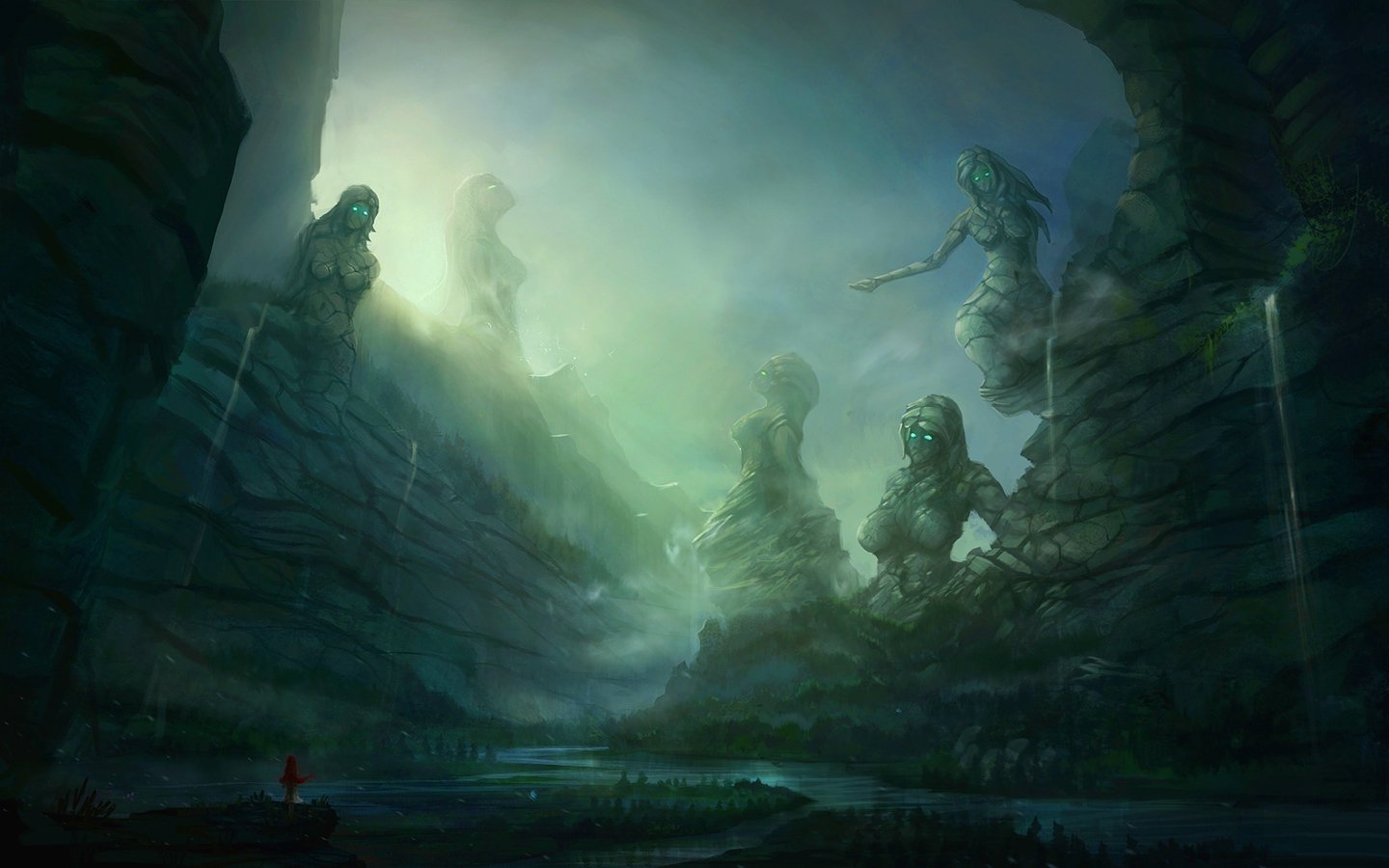 A mystical fantasy landscape featuring towering stone figures shrouded in mist, illuminated by an ethereal light, with a serene river flowing through the rocky gorge.