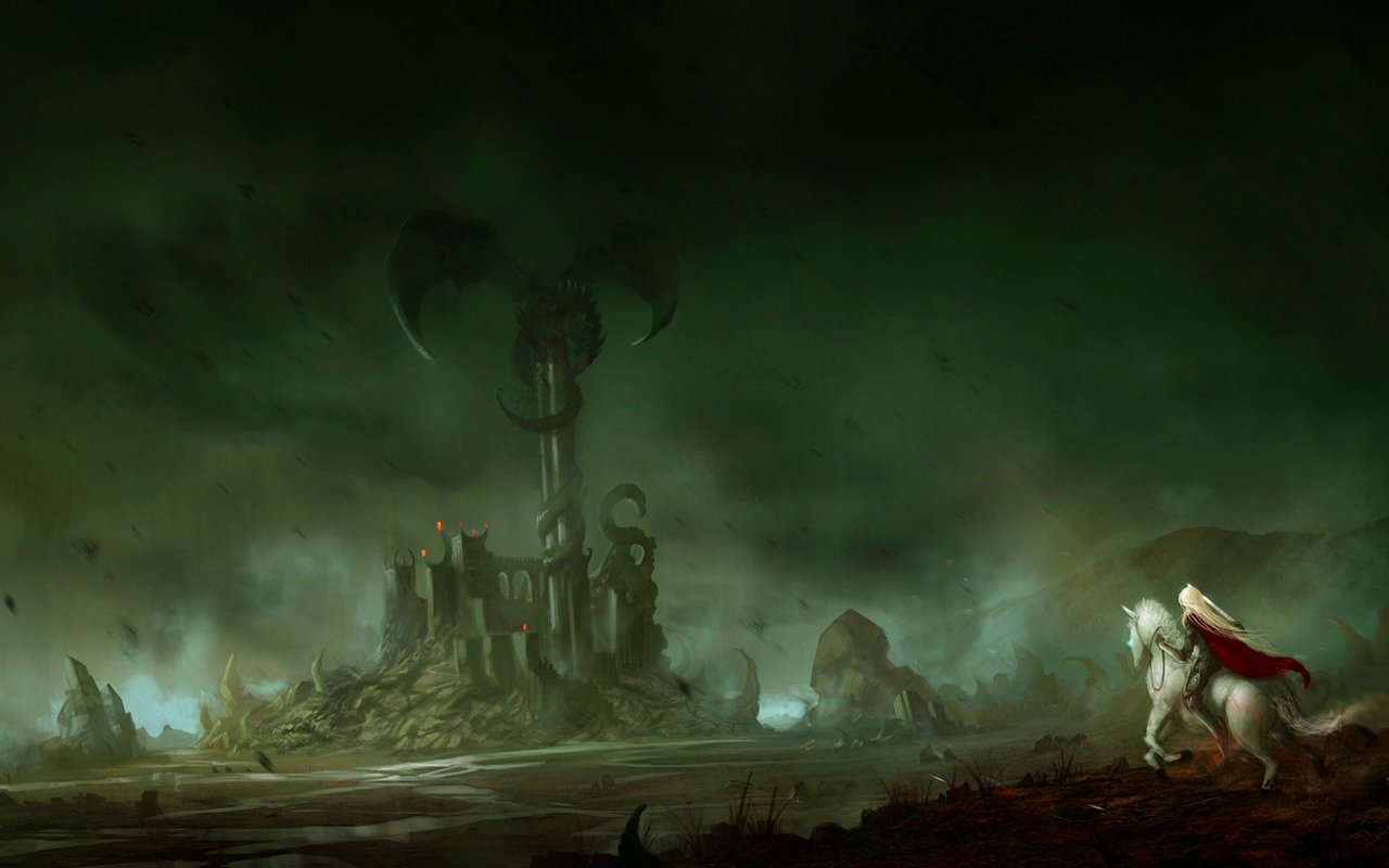 A dark fantasy landscape features a warrior on a white horse, approaching an ominous castle with a towering, menacing sculpture against a stormy sky.