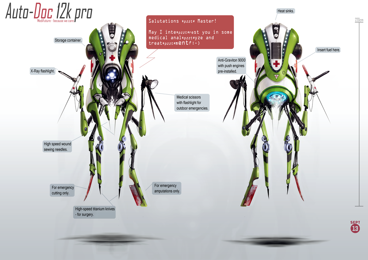 Futuristic sci-fi medical robot with advanced technology features like 3D X-ray, anti-bacterial coating, and high-speed micro-surgeries for autonomous treatment.