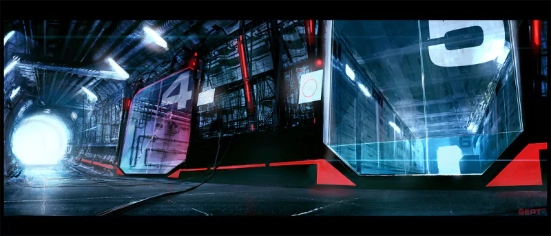 A futuristic Sci-Fi building features sleek, illuminated chambers with large numbers and a glowing portal, creating an atmosphere of advanced technology and exploration.