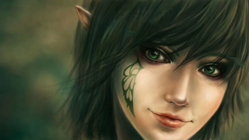 A captivating fantasy portrait of an elf, featuring striking green eyes, a subtle smile, and intricate facial tattoos against a soft, blurred background.