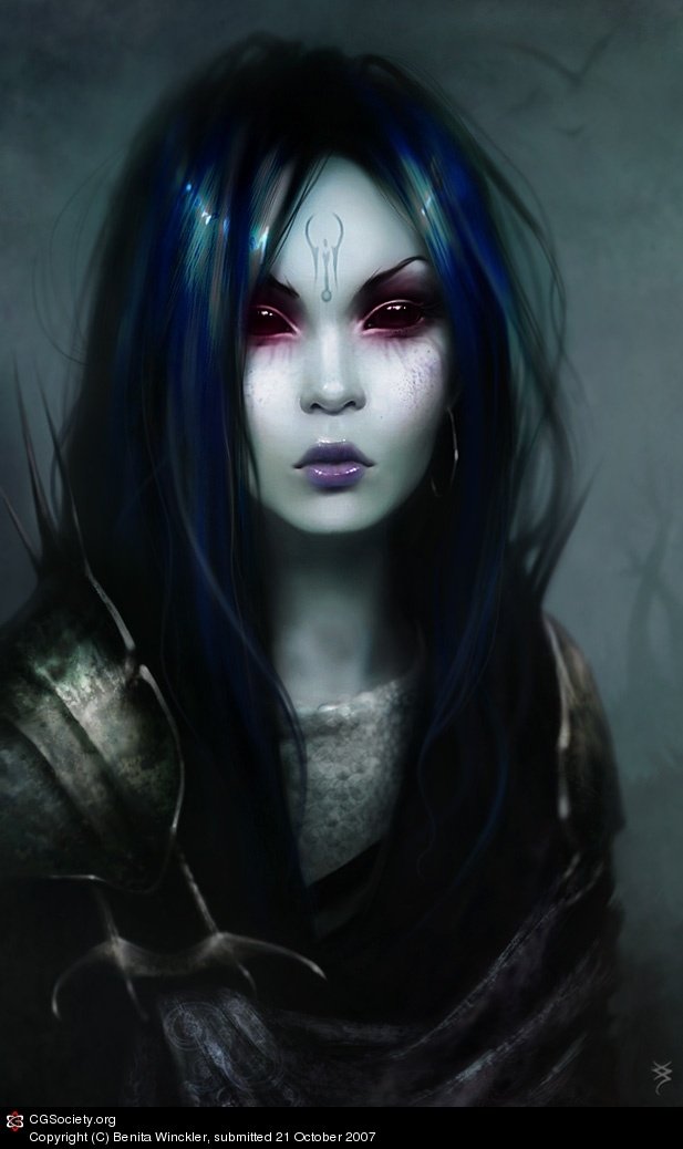 A dark, enigmatic woman with striking blue hair and intense red eyes gazes forward, embodying a mysterious and powerful presence against a shadowy background.