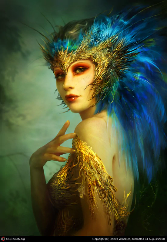 A fantasy woman adorned with an intricate golden and blue feathered headdress and matching ornate shoulder armor, set against a mystical, softly blurred background.
