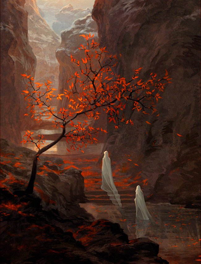 A haunting fantasy scene of two ethereal figures in flowing white, surrounded by a dark canyon adorned with fiery red leaves and shimmering water, evoking a mystical atmosphere.