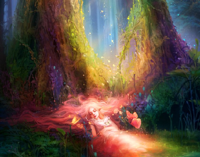 A serene fairy rests beneath a vibrant, magical tree, surrounded by glowing butterflies and ethereal light, embodying the enchantment of fantasy.