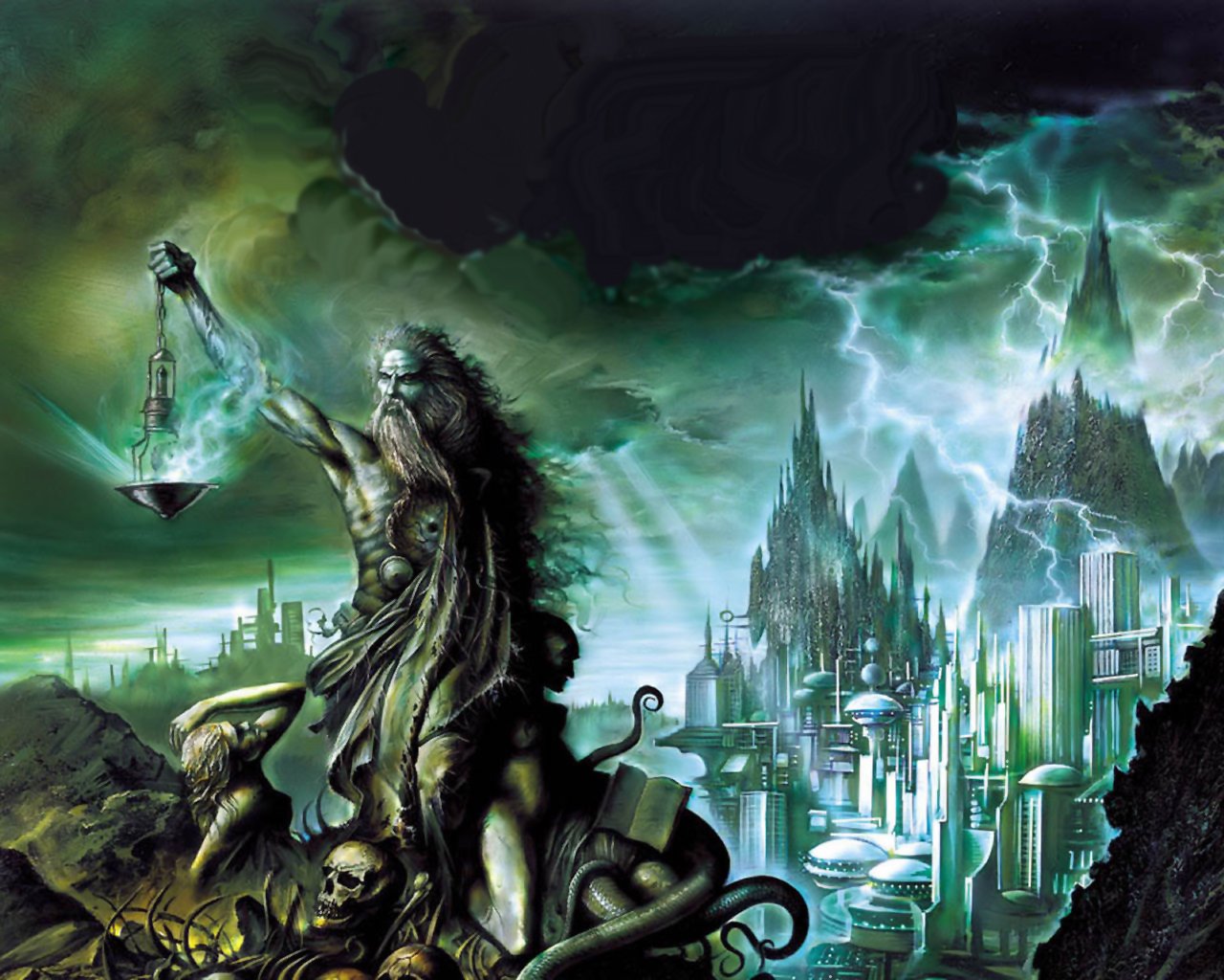 A mystical figure holds a scale amidst twisted forms and a dramatic landscape, blending elements of fantasy and mythology with dark, vibrant colors and futuristic structures.