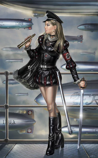 Sci-fi woman in black leather uniform and peaked cap on an airship deck, holding a brass spyglass and a drawn sword as zeppelins float through a cloudy sky.