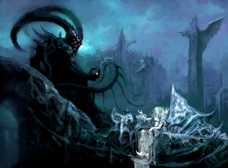 A dark fantasy scene depicts a shadowy figure looming over an ethereal figure, surrounded by a desolate landscape and icy formations, evoking a sense of mystery and foreboding.