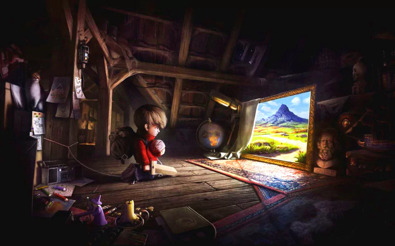 A child sits in a cozy attic, surrounded by toys, gazing through a door that opens to a vibrant, fantastical landscape of rolling hills and mountains.