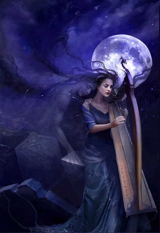 A woman in a flowing blue dress plays a harp under a glowing full moon, surrounded by a mystical night sky and ethereal wisps, embodying a fantasy realm.