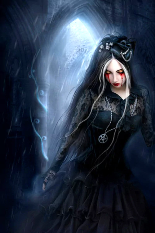 A dark gothic figure in a flowing black dress stands in an eerie setting, her pale skin contrasting with vibrant red eyes and long, flowing hair, evoking a haunting atmosphere.