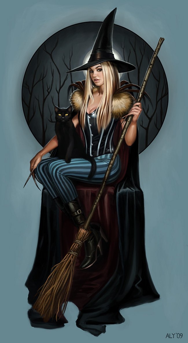 Fantasy witch sits in a tall hat and fur-trimmed cloak, striped pants, holding a broom; a black cat perches on her lap against a moonlit, barren forest backdrop.