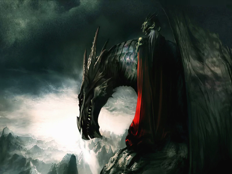 A dark fantasy scene featuring a majestic dragon with a red cape, poised on a rocky ledge, overlooking a hauntingly beautiful landscape shrouded in mist and shadow.