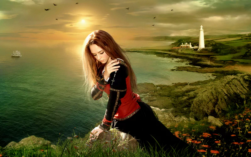 A dark gothic figure kneels on a rocky shoreline, gazing thoughtfully at the sea, with a lighthouse in the background under a dramatic sky filled with clouds.