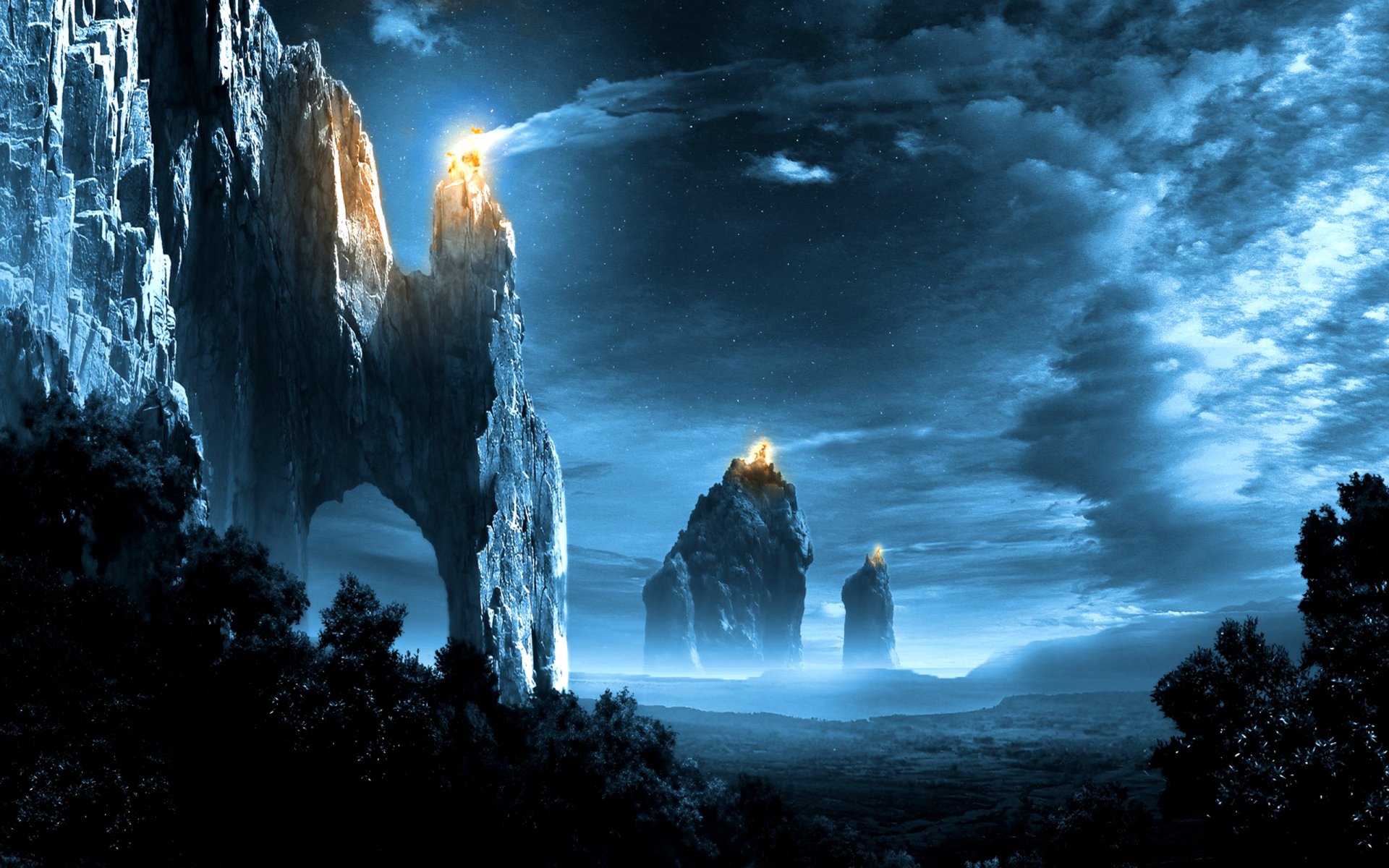 A mystical landscape features jagged mountains illuminated by glowing peaks under a starry night sky, creating an enchanting fantasy scene.